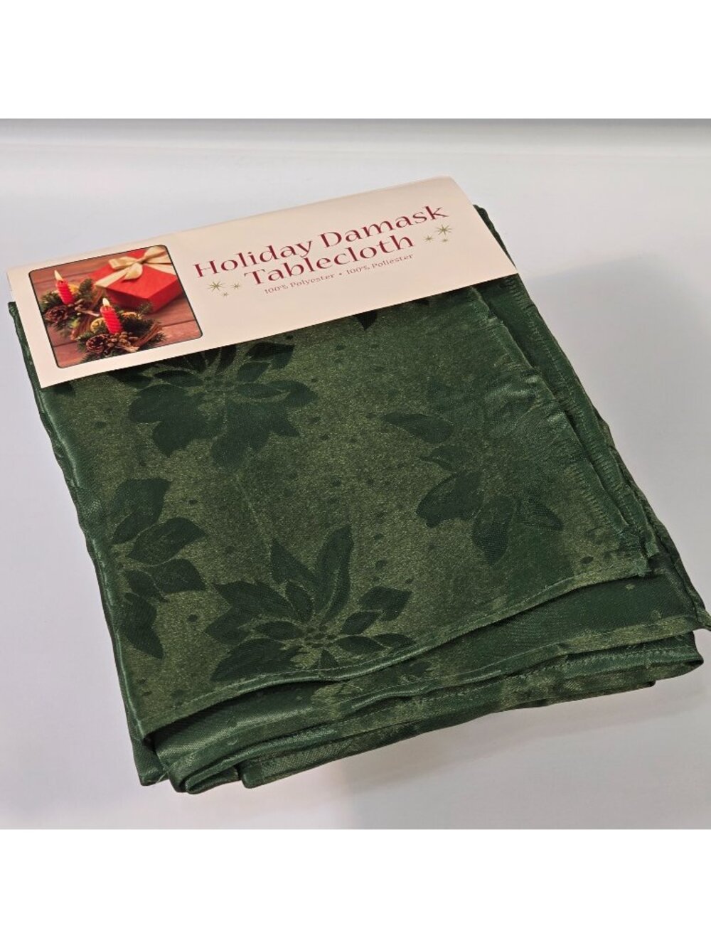 Vintage Holiday Damask Tablecloth Green Poinsettia  52” x 70” Polyester